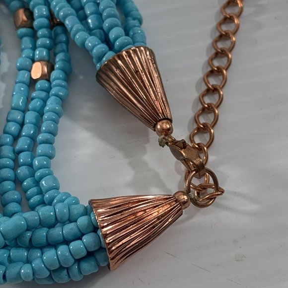 Turquoise Colored Necklace Multistrand Beaded Large Copper Colored Pendant 25" - Picture 7 of 14